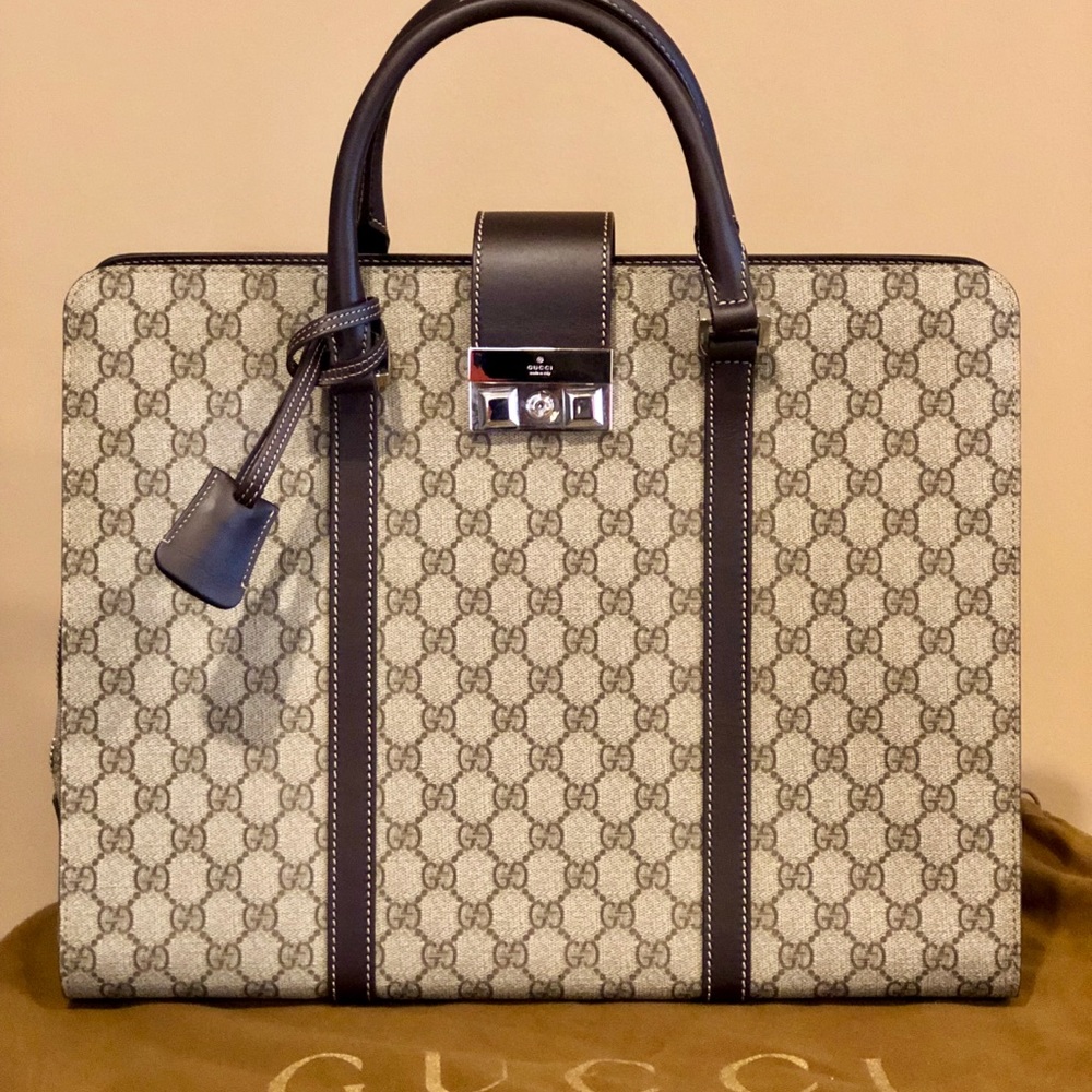 Gucci Beige GG Canvas and Brown Leather Laptop Bag